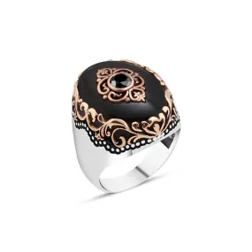 Eye Figure on Black Ellipse Onyx Stone Silver Men's Ring with Wavy Top Pattern Around