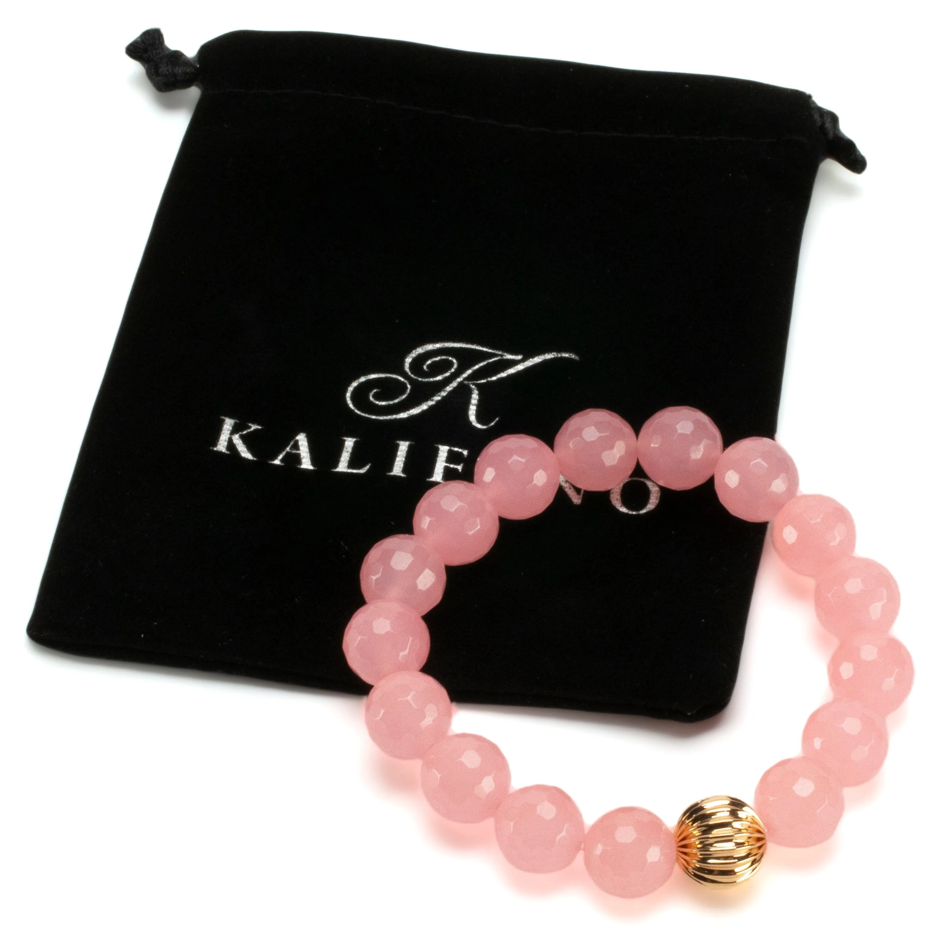 Faceted Rose Quartz 12mm Gemstone Bead Elastic Bracelet with Gold Accent Bead