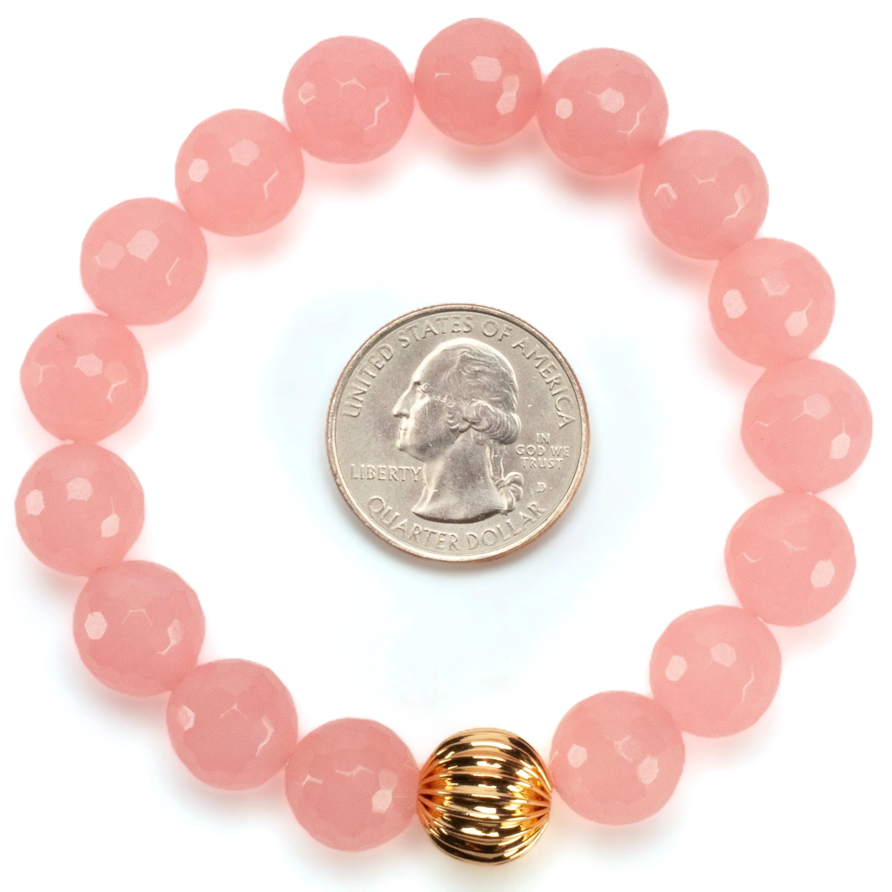 Faceted Rose Quartz 12mm Gemstone Bead Elastic Bracelet with Gold Accent Bead