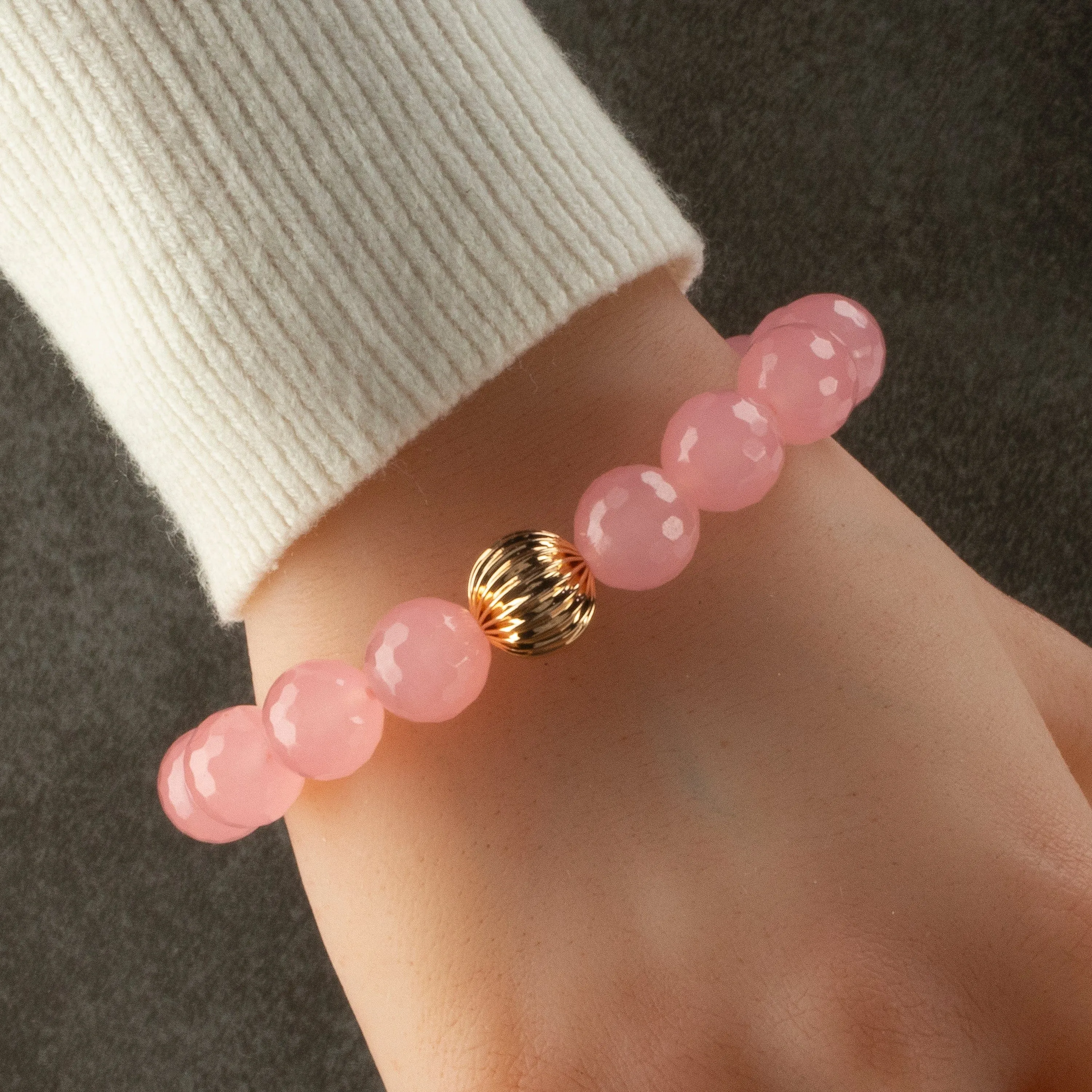 Faceted Rose Quartz 12mm Gemstone Bead Elastic Bracelet with Gold Accent Bead