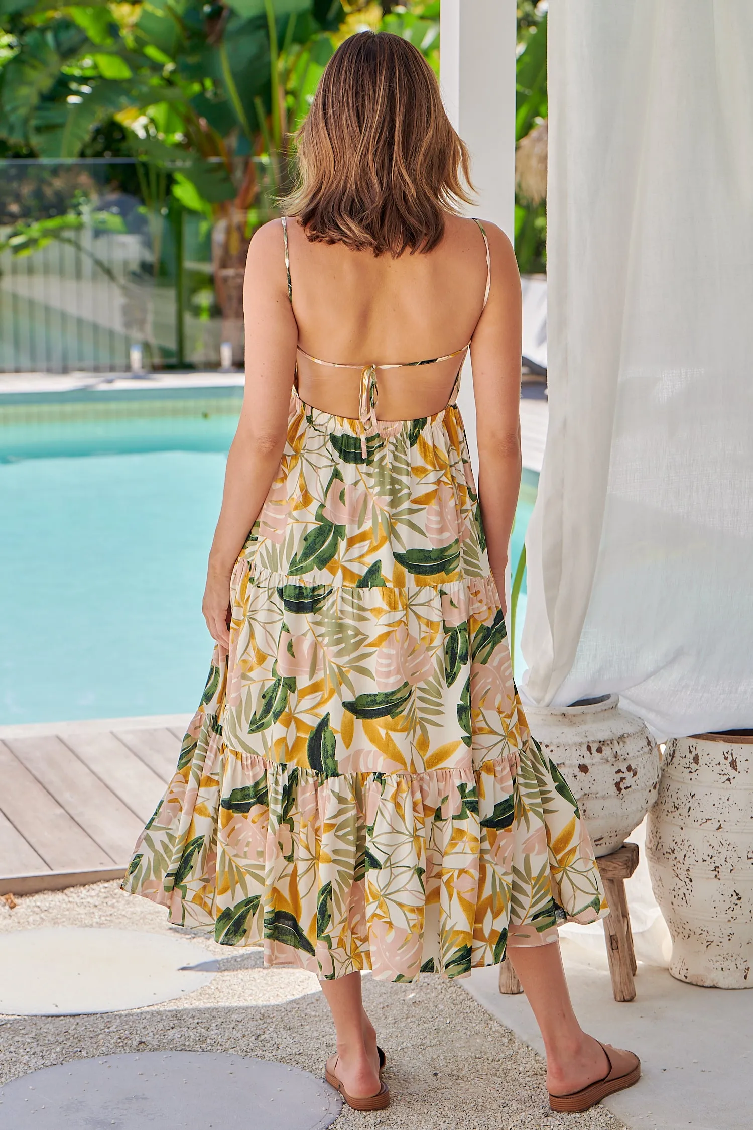 Faye Mustard/Pink/Green Leaf Print Open Back Tiered Dress