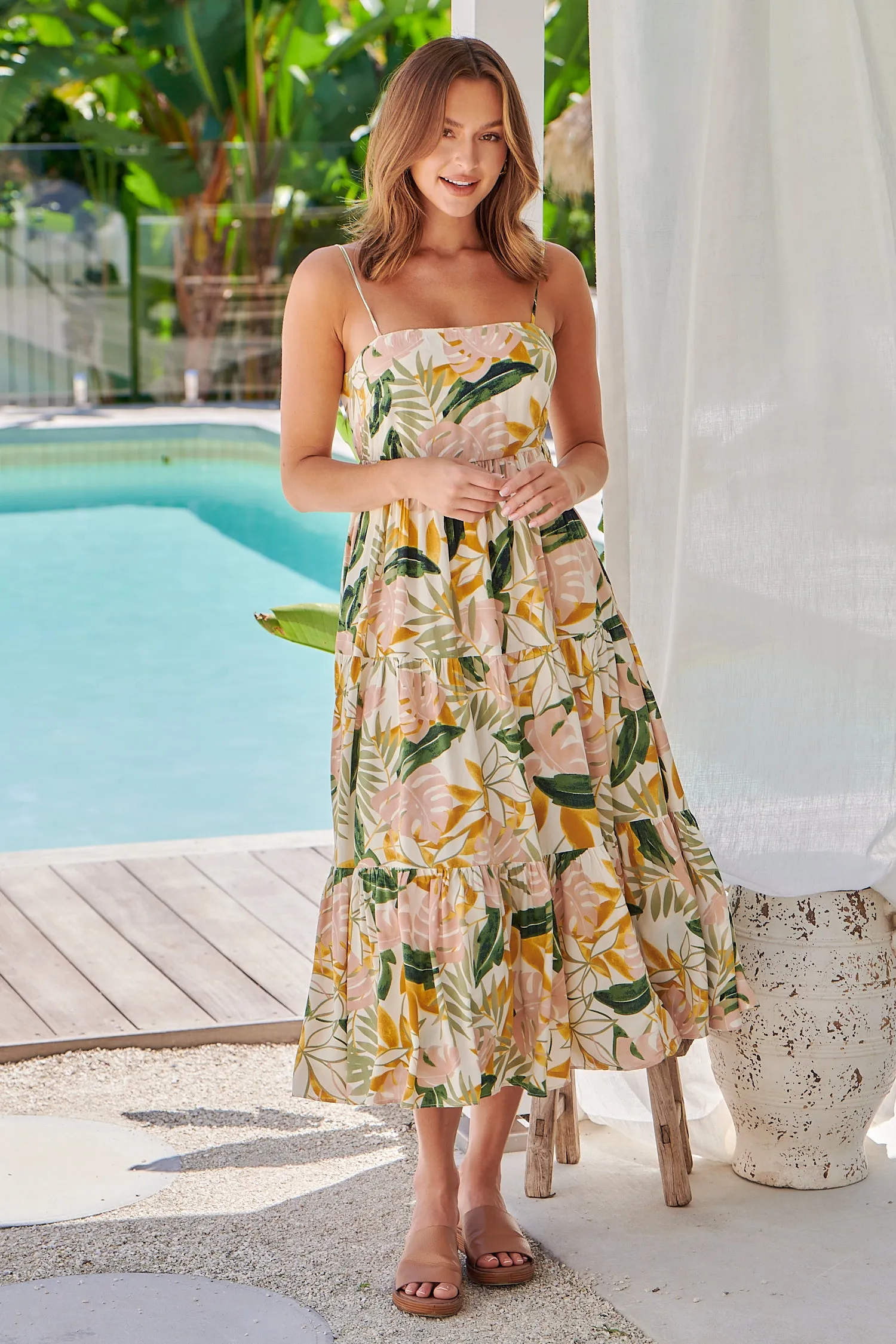 Faye Mustard/Pink/Green Leaf Print Open Back Tiered Dress