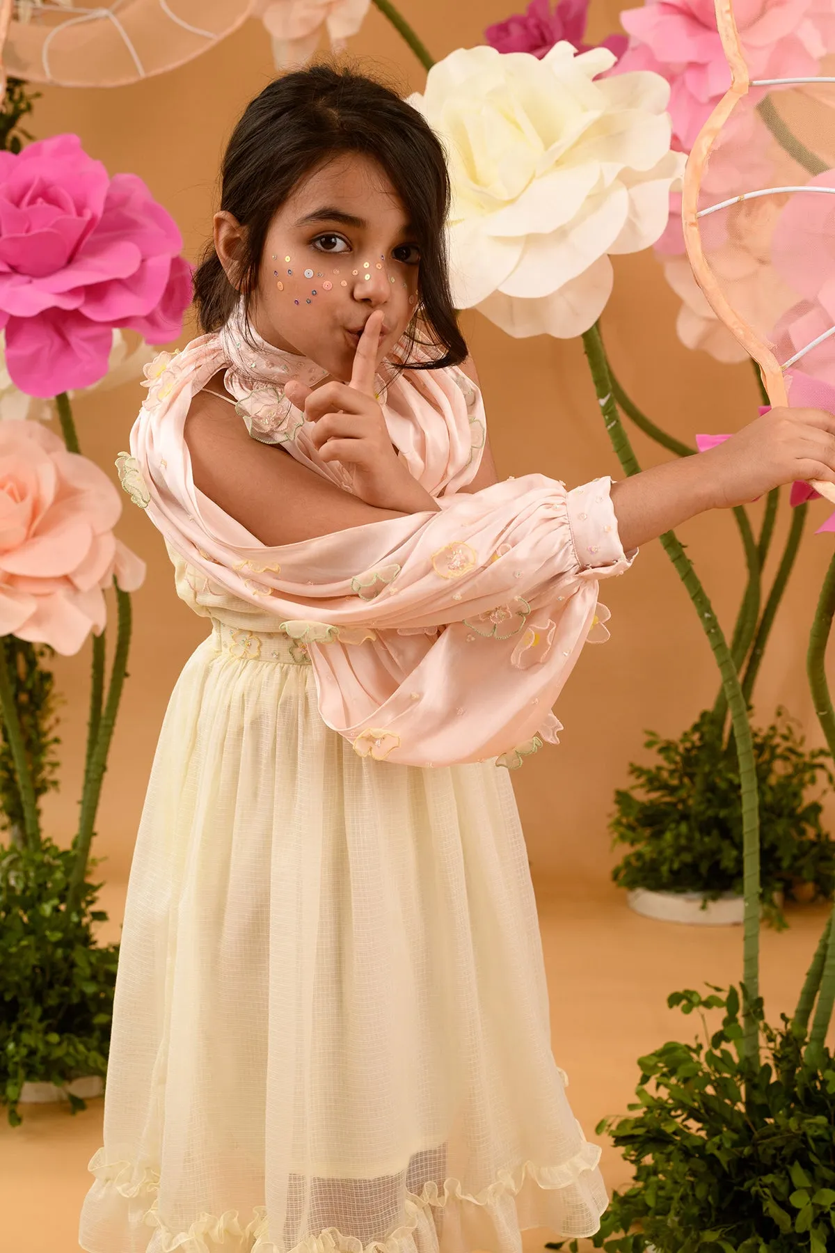 Fiori Flamboyant- Kota Doriya Dress With Embroidered Cape For Girls