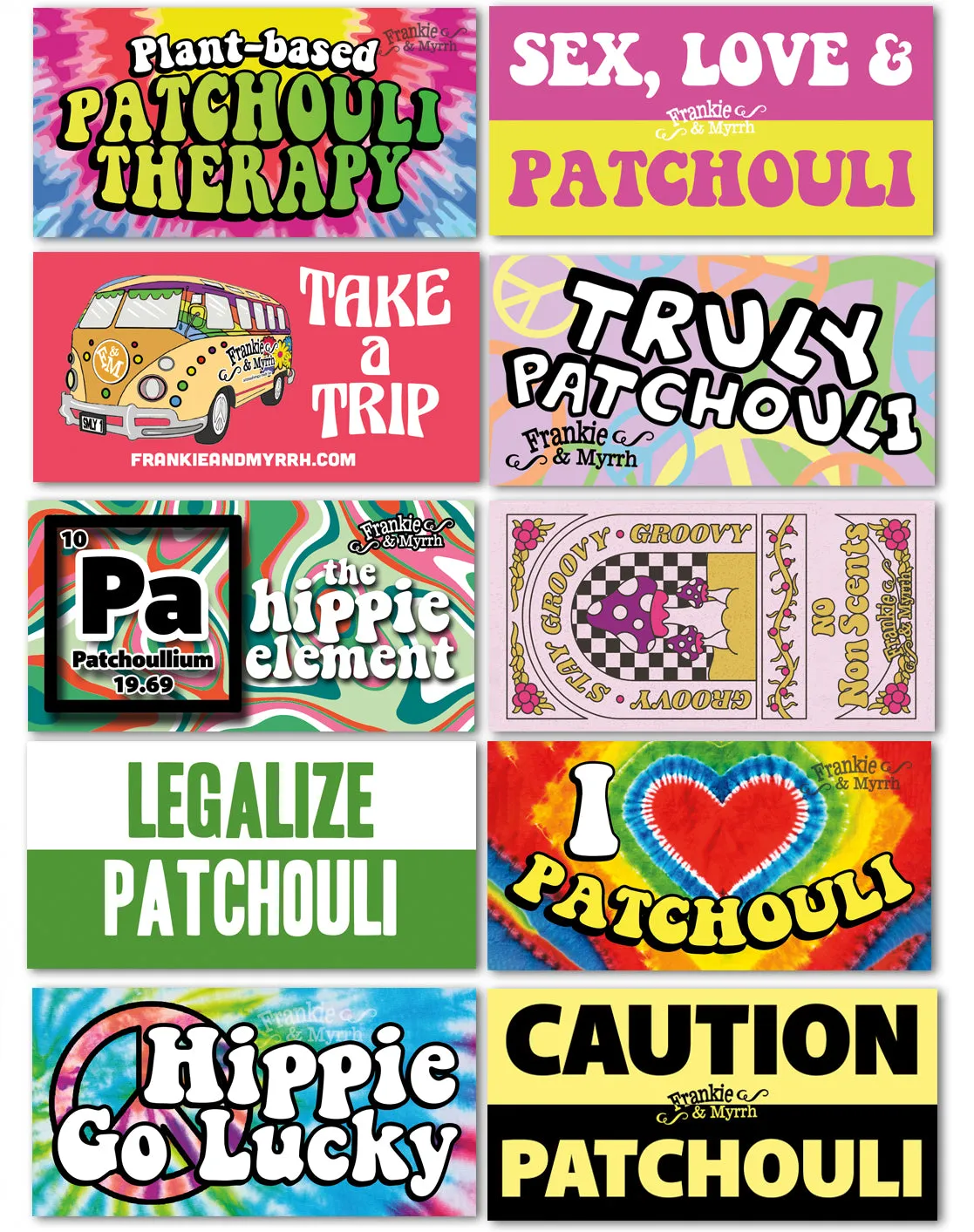 Frankie's Hippie and Patchouli Sticker Pack | Vibrant, Fun, & Quirky Decals for Personalizing Your Gear