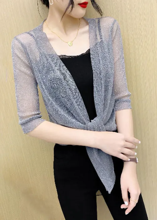 French Grey V Neck Lace Up Tulle Cardigan Summer AS1021