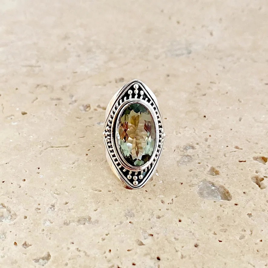 Green Amethyst Faceted Oval Gemstone Ring - Omana