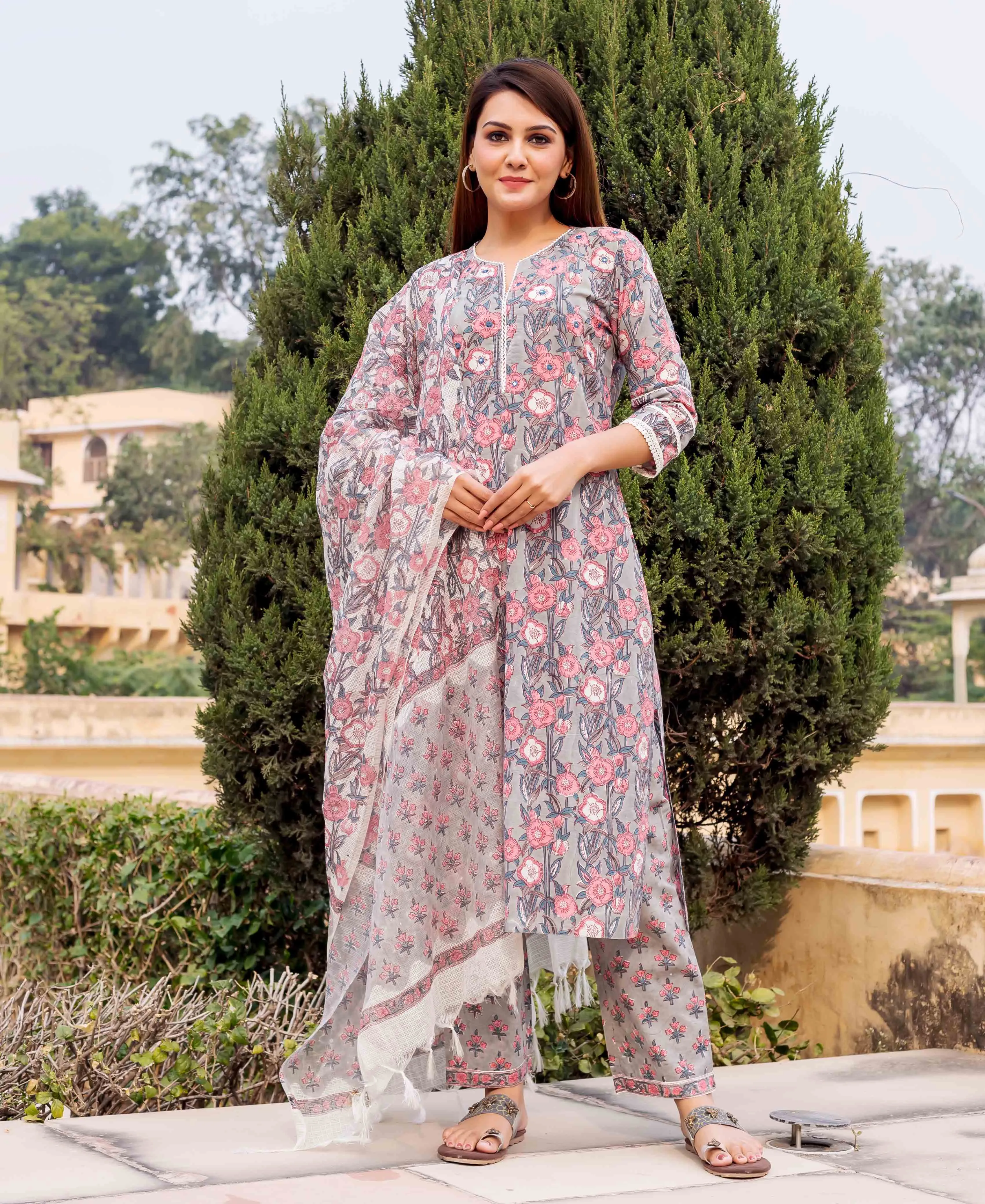 Grey and Pink Hand Block Printed Kurta