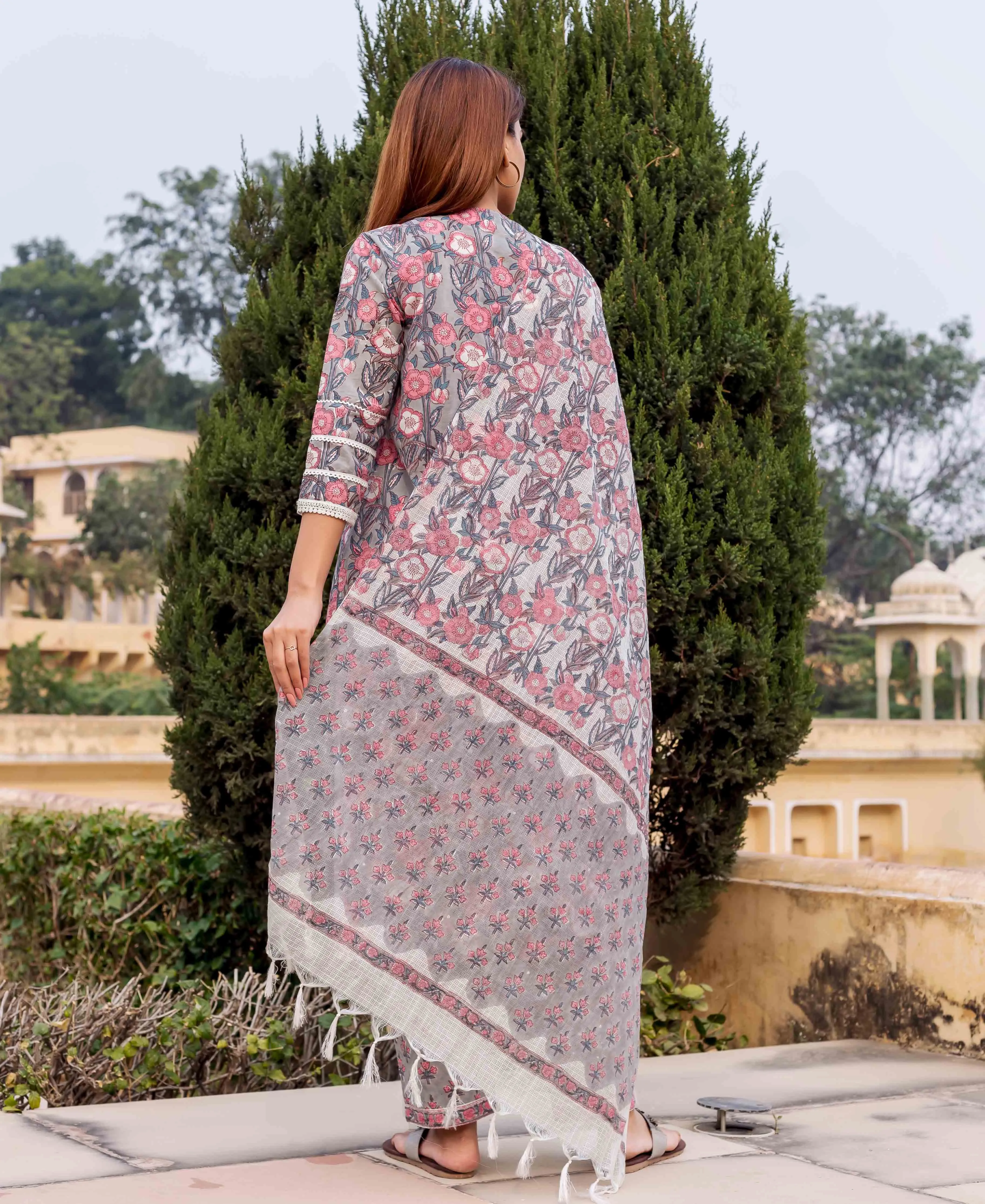 Grey and Pink Hand Block Printed Kurta