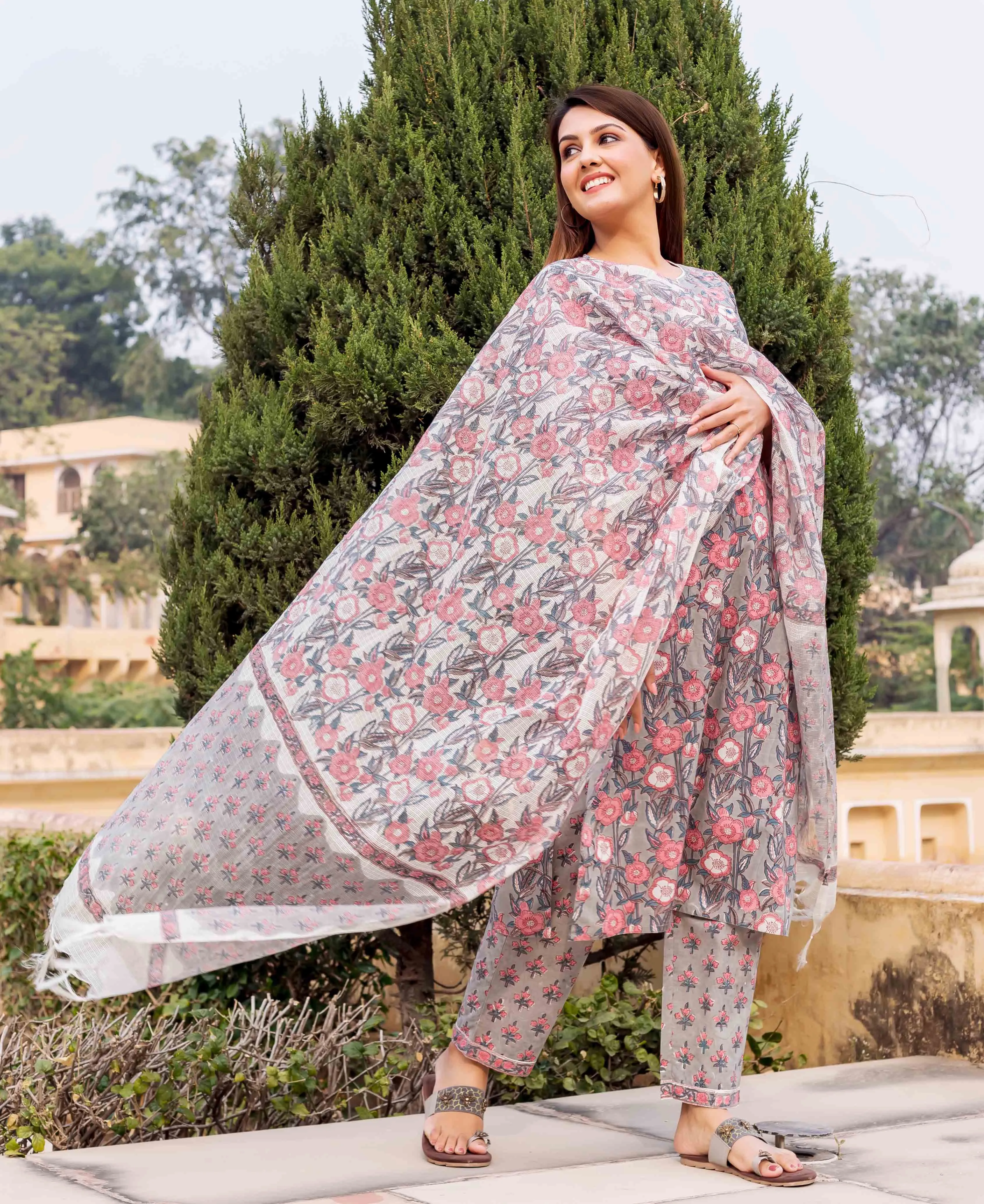 Grey and Pink Hand Block Printed Kurta