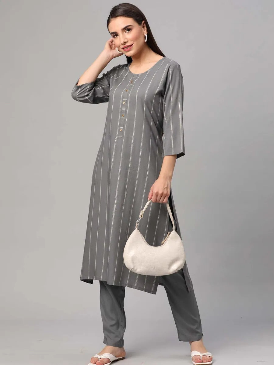 Grey Stripe Printed Kurta Trouser Dupatta