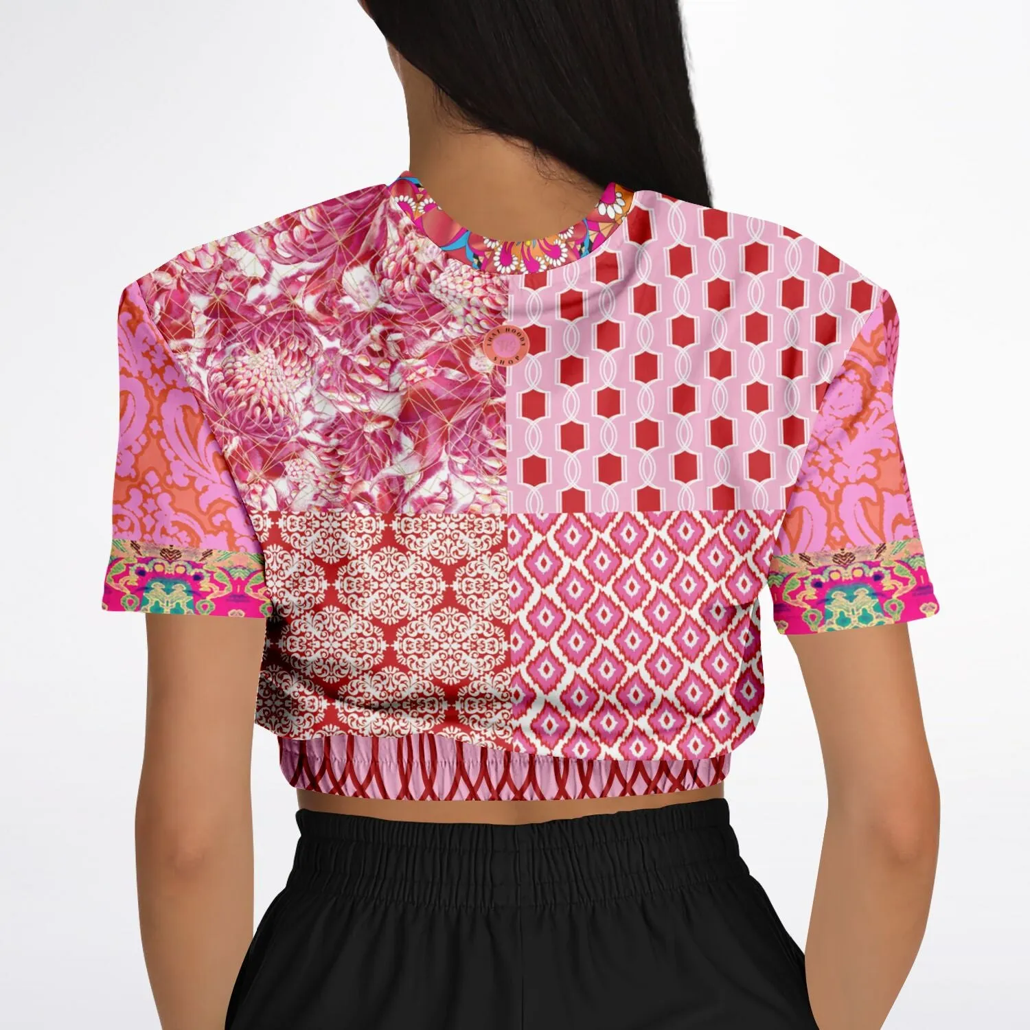 Gypsy Beat Pink Patchwork Short Sleeve Cropped Eco-Poly Sweater