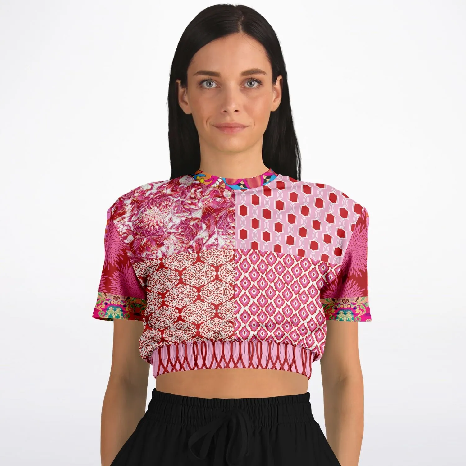 Gypsy Beat Pink Patchwork Short Sleeve Cropped Eco-Poly Sweater