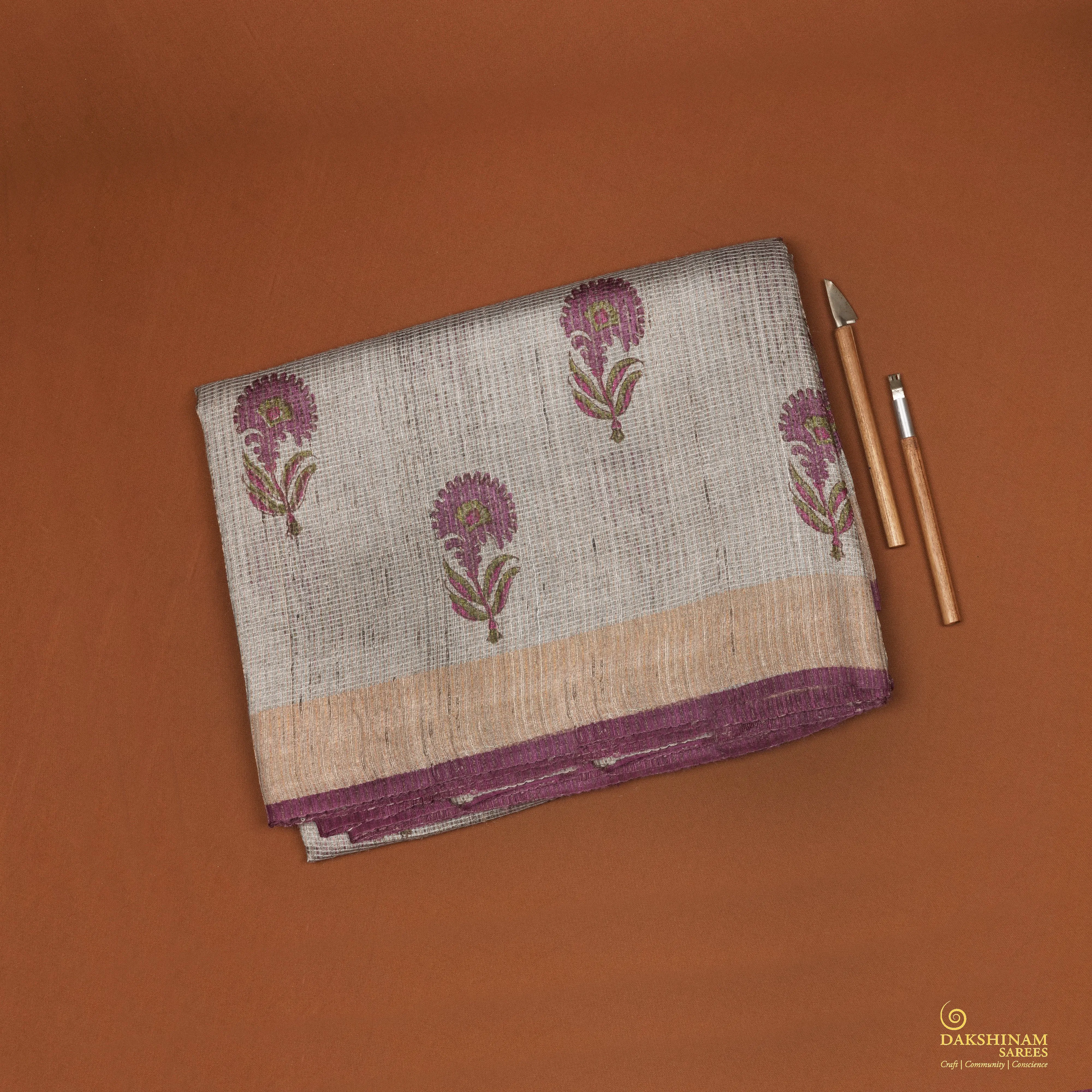 Handwoven Beige Tussar Silk Saree - 2114T010649DSC