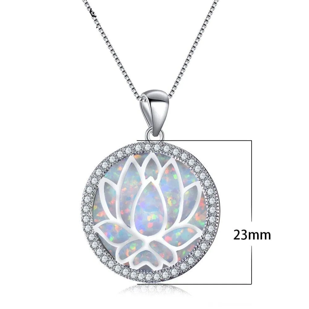 Hollow Lotus Flower White/Blue Fire Opal Round Pendant  Necklace