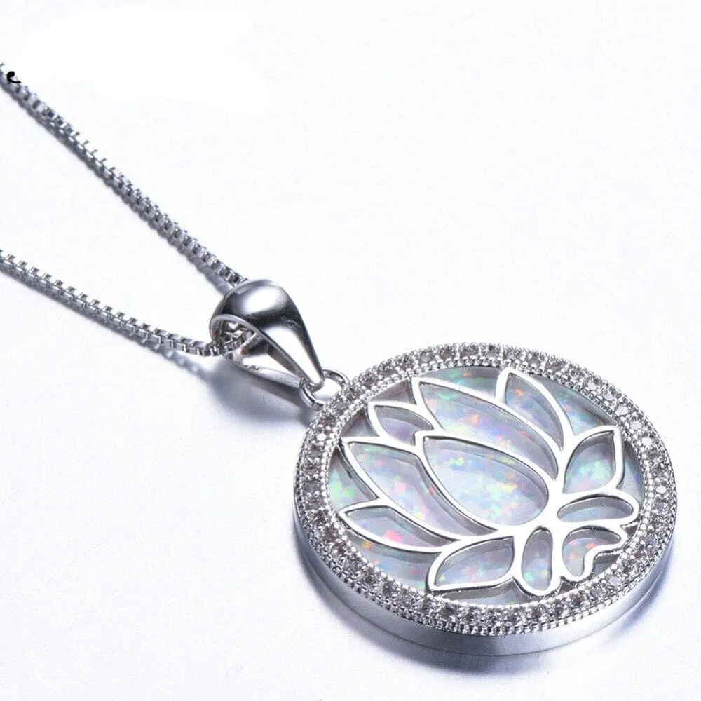 Hollow Lotus Flower White/Blue Fire Opal Round Pendant  Necklace