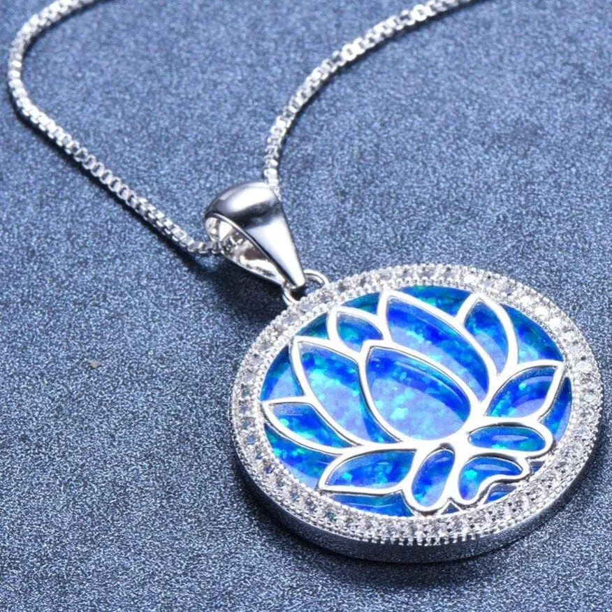 Hollow Lotus Flower White/Blue Fire Opal Round Pendant  Necklace