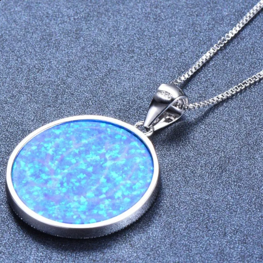 Hollow Lotus Flower White/Blue Fire Opal Round Pendant  Necklace