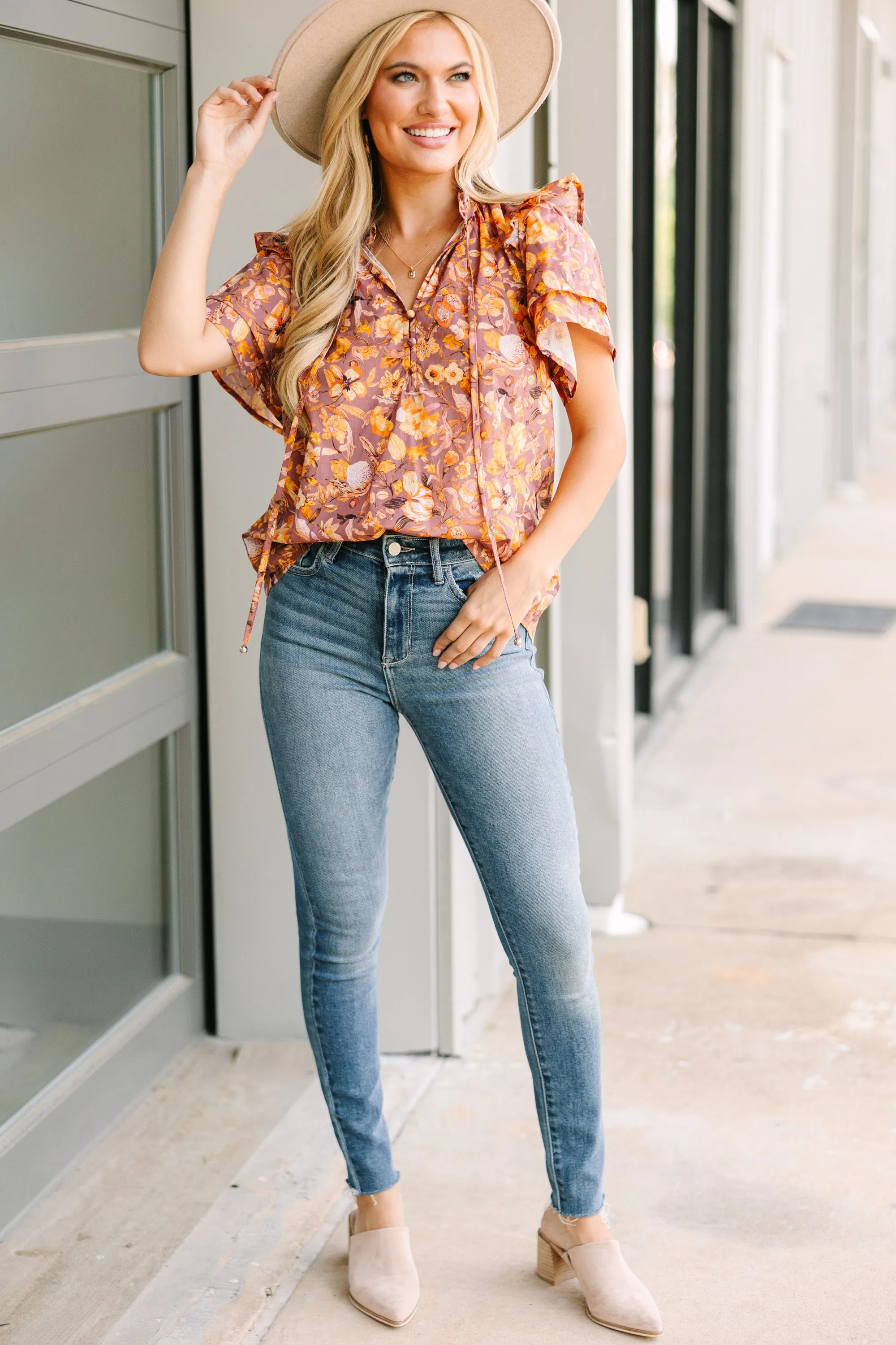 In The Zone Red Bean Floral Blouse