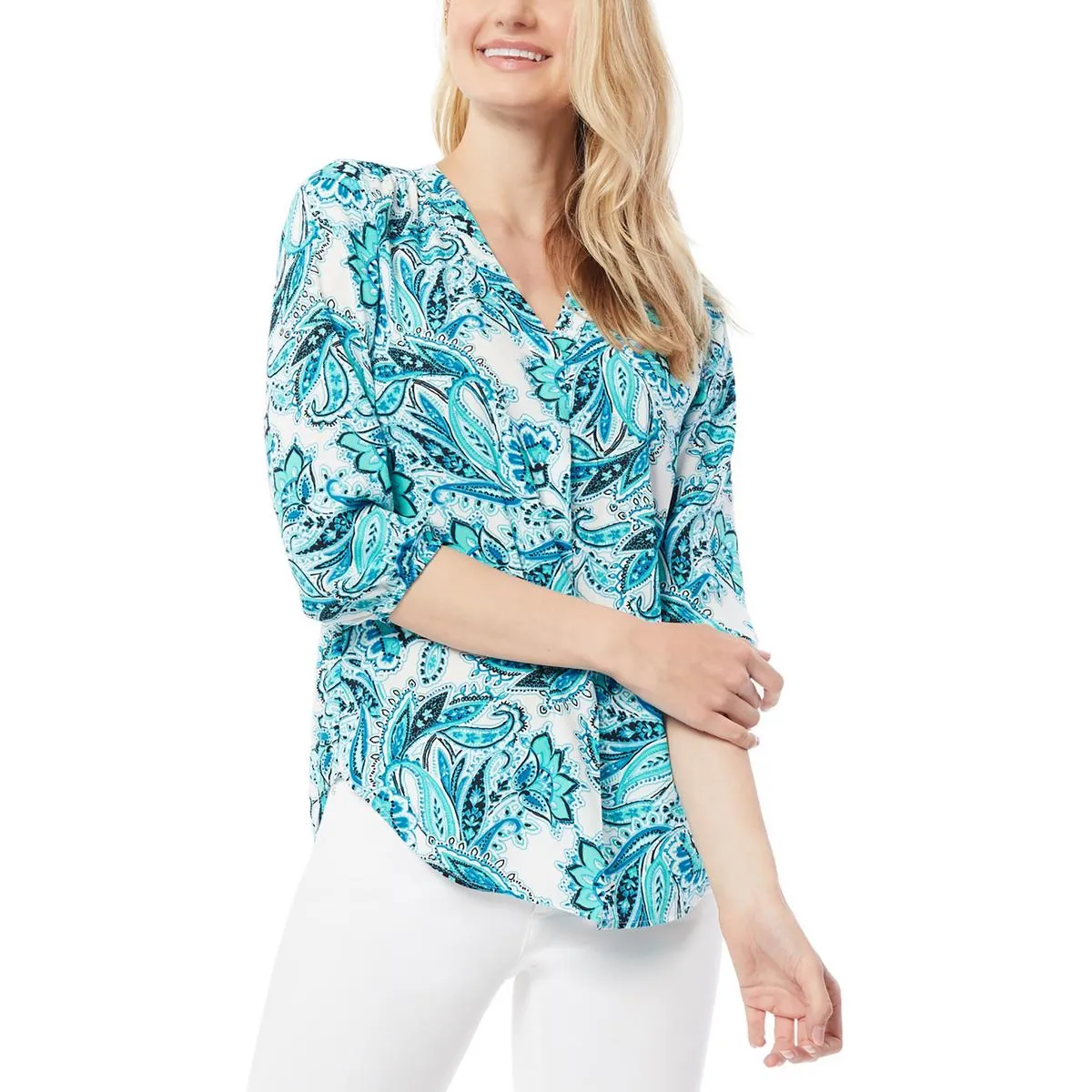 Jones New York Womens Printed V-Neck Blouse