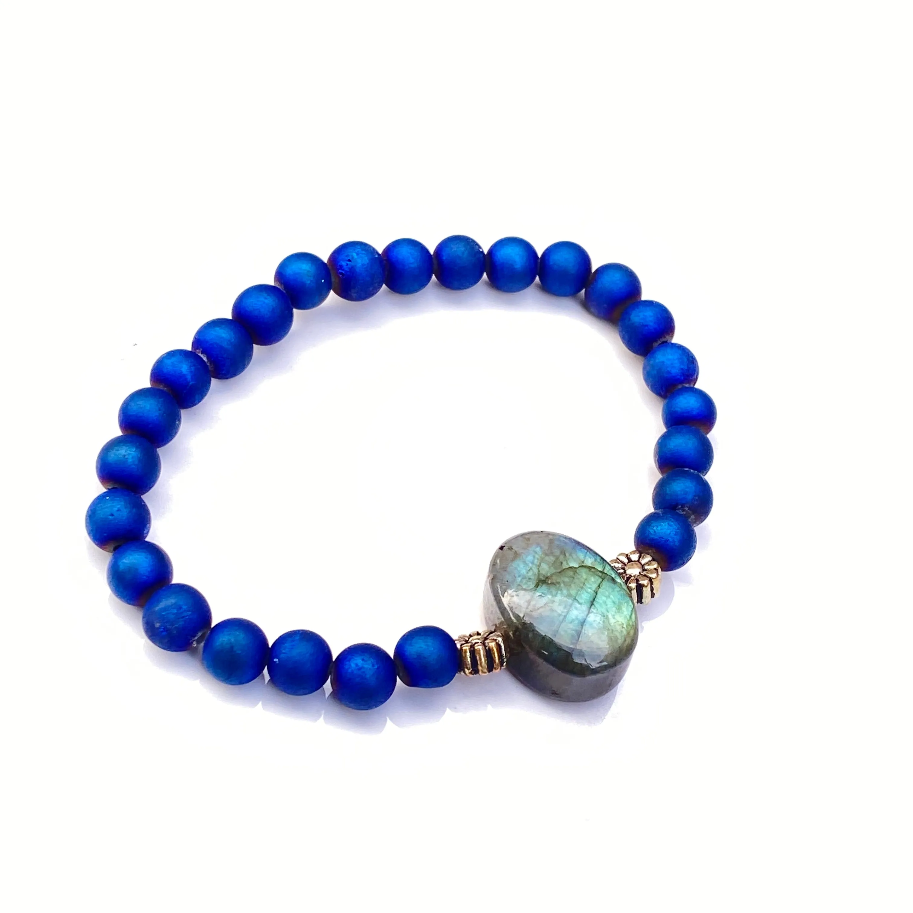 Labradorite, Blue Druzy Agates, and Sterling Silver Stretch Bracelet