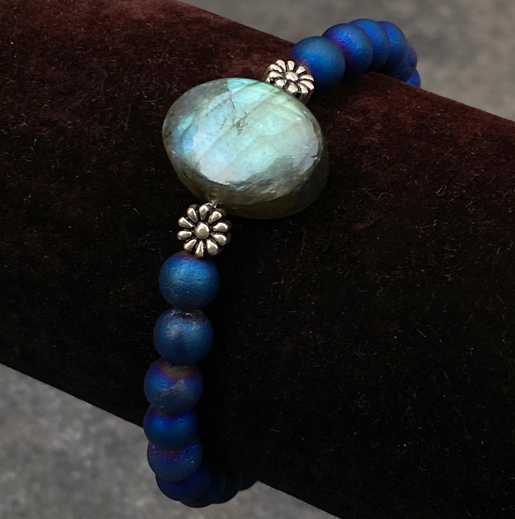 Labradorite, Blue Druzy Agates, and Sterling Silver Stretch Bracelet