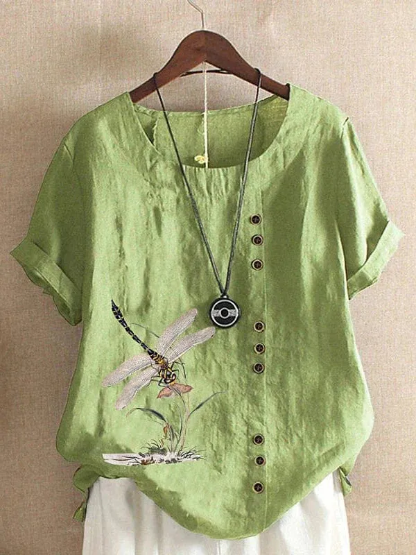 Ladies' Floral Print Linen T-Shirt with Short Sleeves