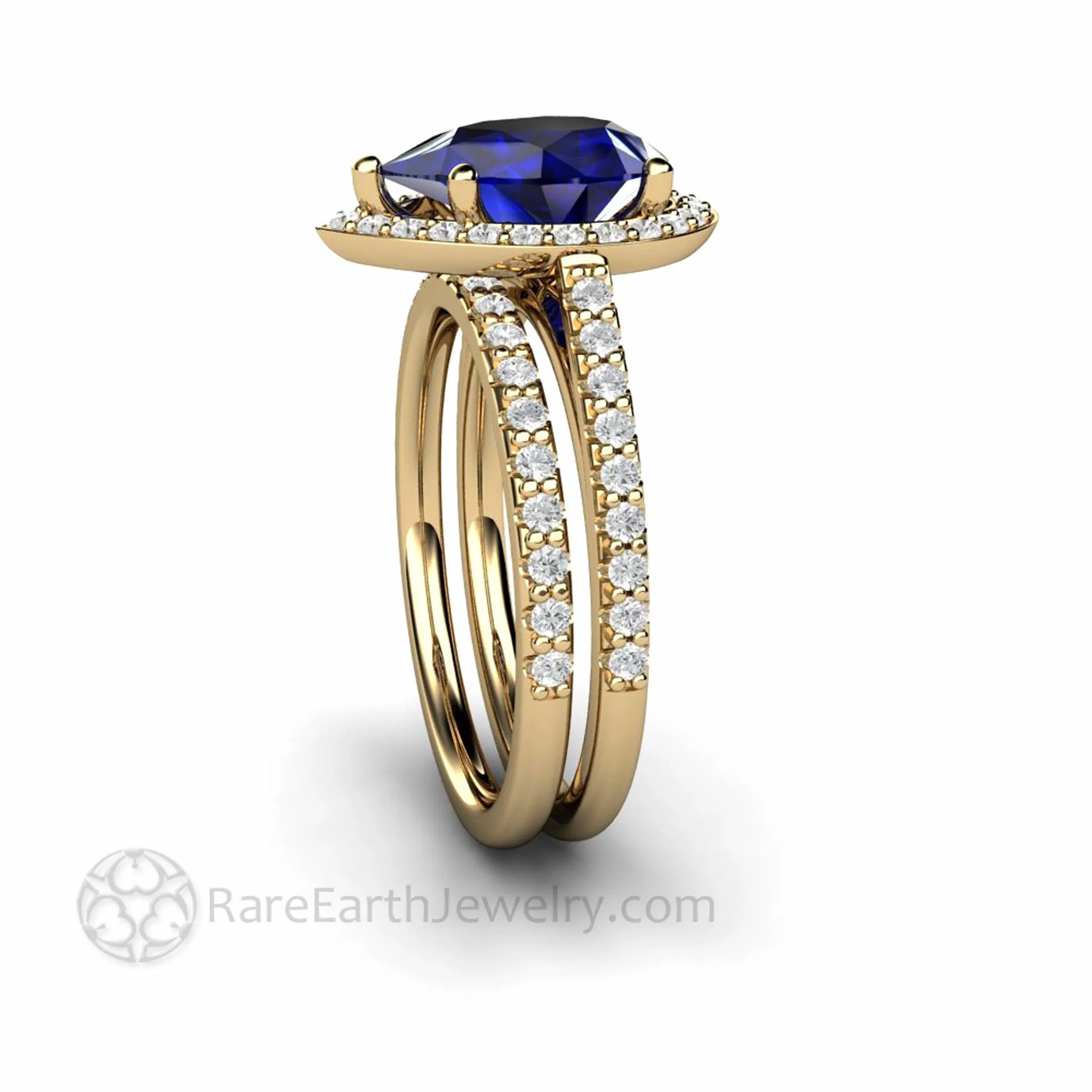 Large Pear Cut Blue Sapphire Engagement Ring Pave Diamond Halo