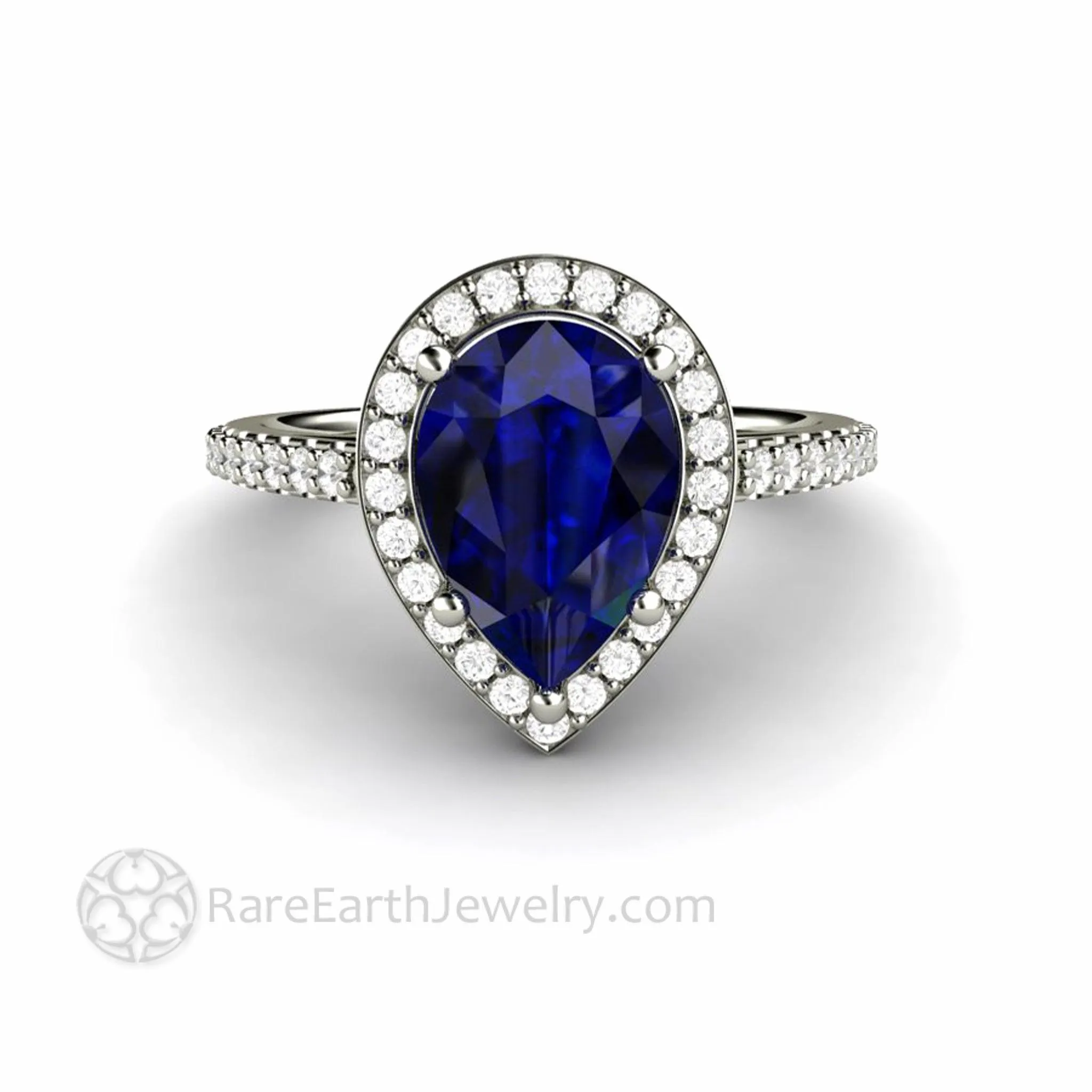 Large Pear Cut Blue Sapphire Engagement Ring Pave Diamond Halo