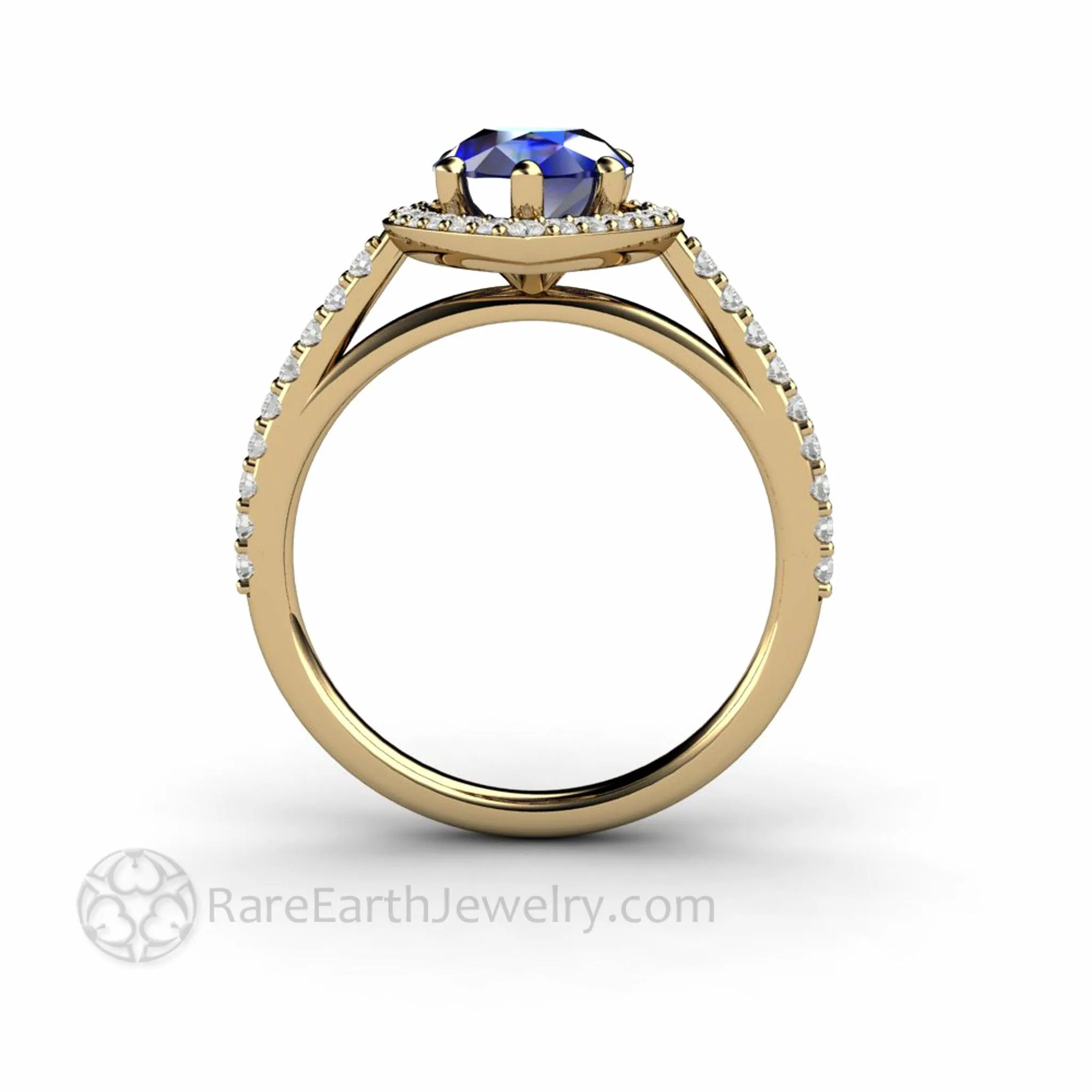 Large Pear Cut Blue Sapphire Engagement Ring Pave Diamond Halo