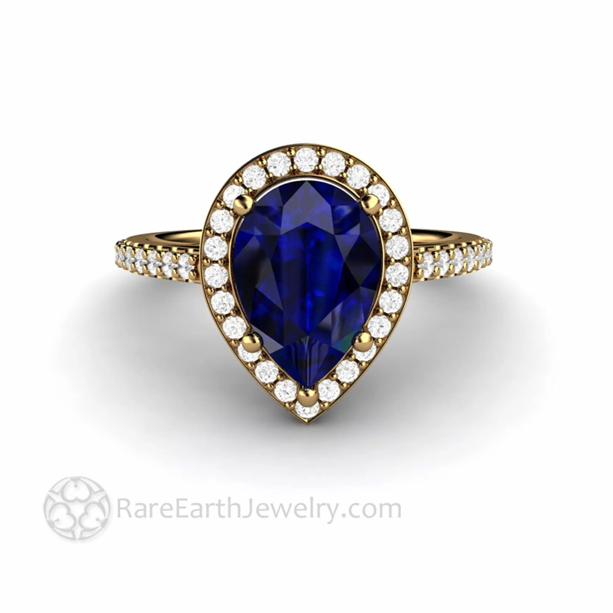 Large Pear Cut Blue Sapphire Engagement Ring Pave Diamond Halo