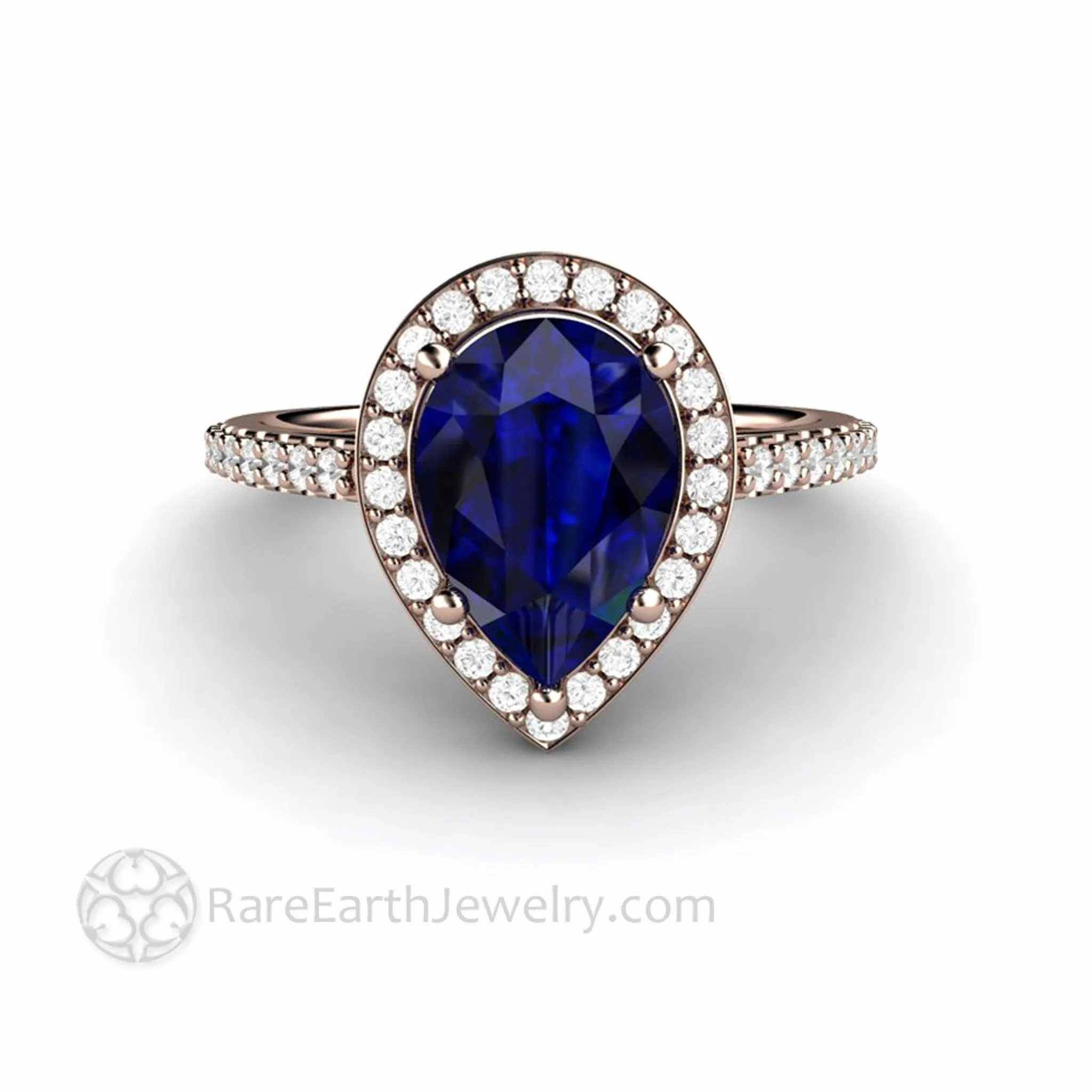 Large Pear Cut Blue Sapphire Engagement Ring Pave Diamond Halo