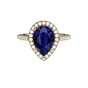 Large Pear Cut Blue Sapphire Engagement Ring Pave Diamond Halo