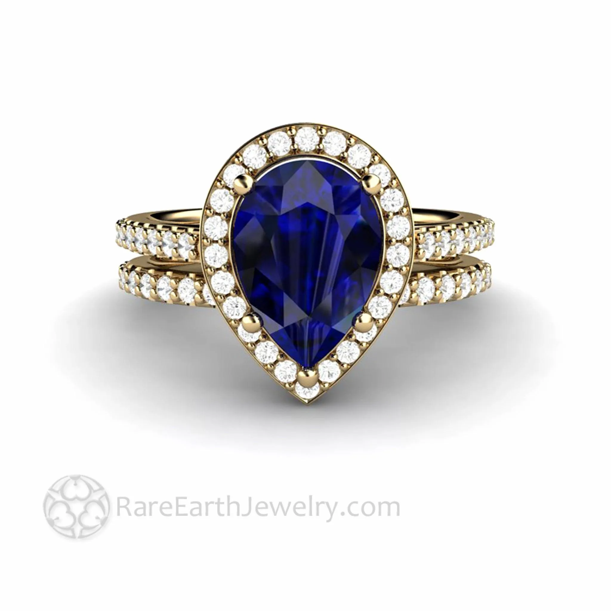 Large Pear Cut Blue Sapphire Engagement Ring Pave Diamond Halo