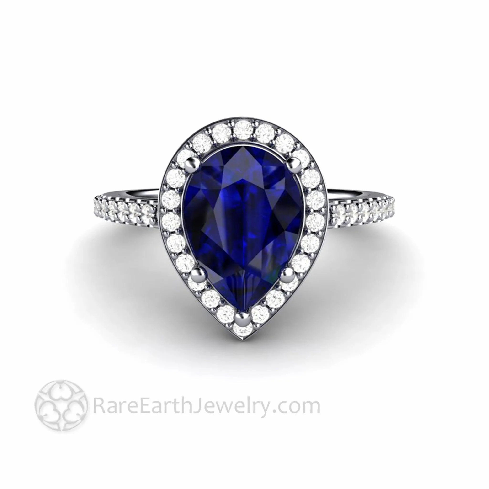 Large Pear Cut Blue Sapphire Engagement Ring Pave Diamond Halo