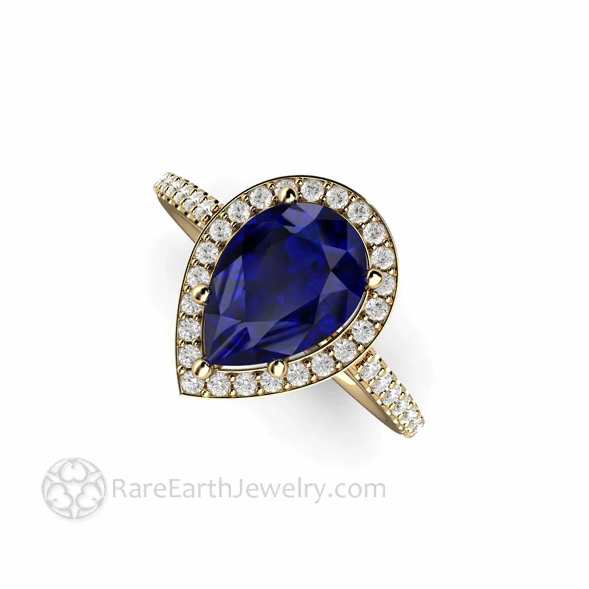 Large Pear Cut Blue Sapphire Engagement Ring Pave Diamond Halo