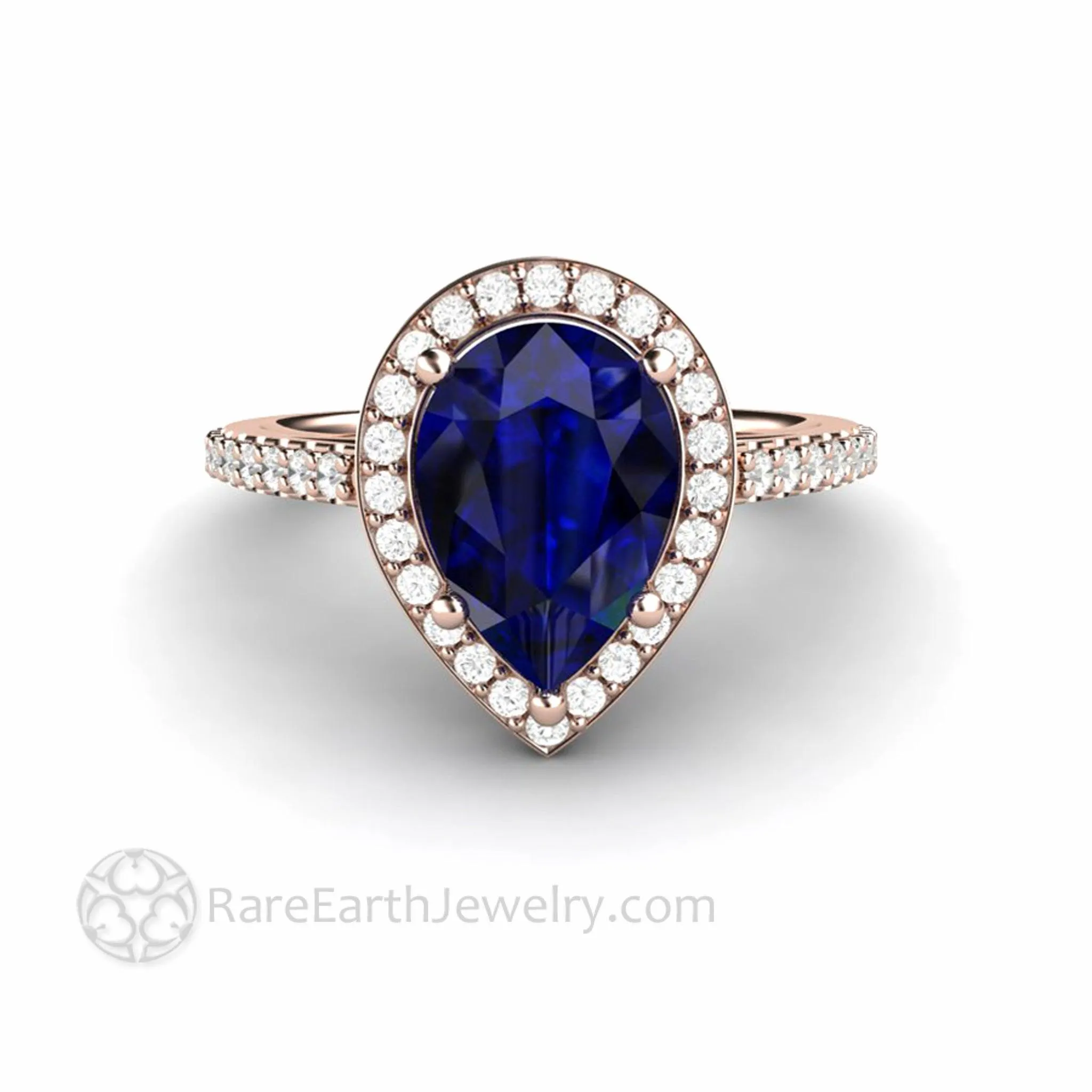 Large Pear Cut Blue Sapphire Engagement Ring Pave Diamond Halo