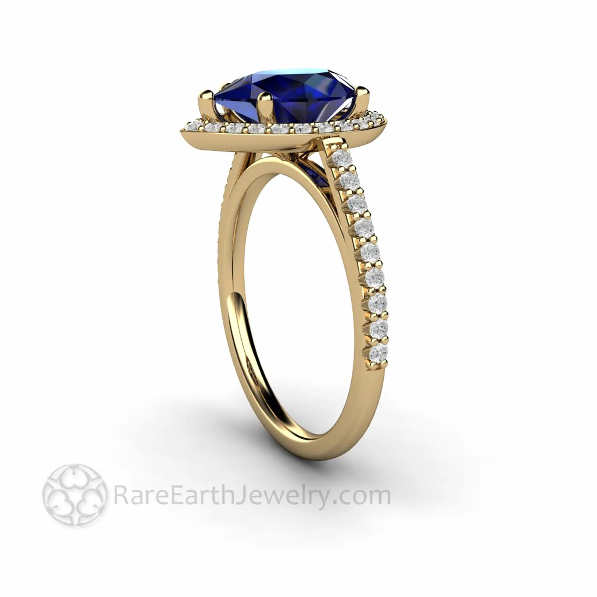 Large Pear Cut Blue Sapphire Engagement Ring Pave Diamond Halo