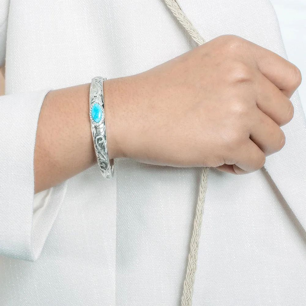 Larimar Mandorla Engraved Scroll Bangle