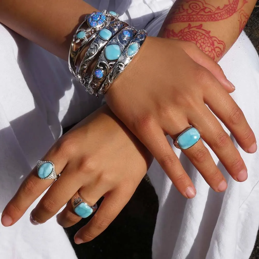 Larimar Mandorla Engraved Scroll Bangle