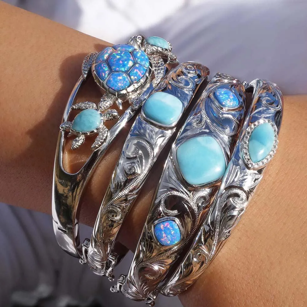 Larimar Mandorla Engraved Scroll Bangle