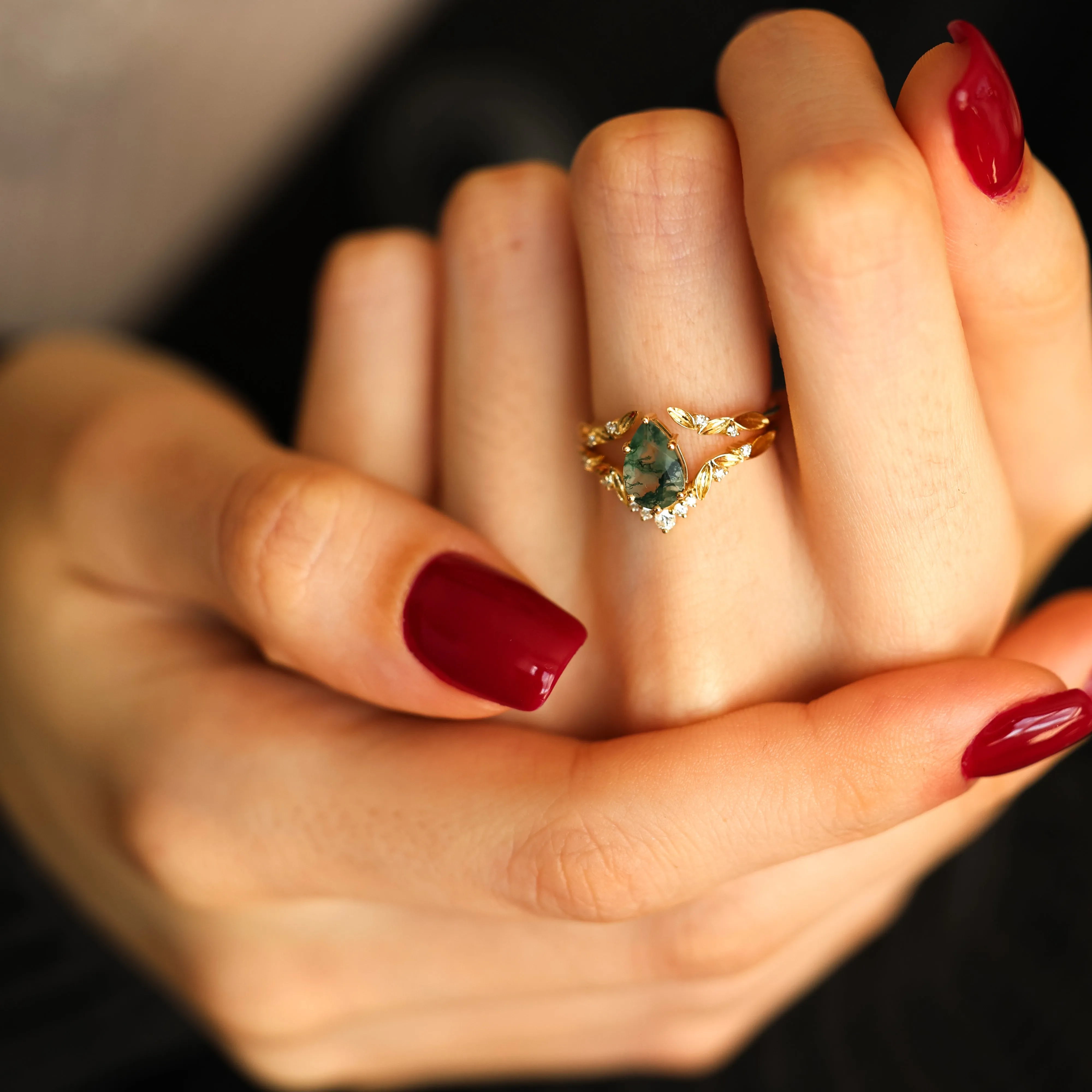 Leaf Pear Moss Agate Engagement Ring With Diamonds