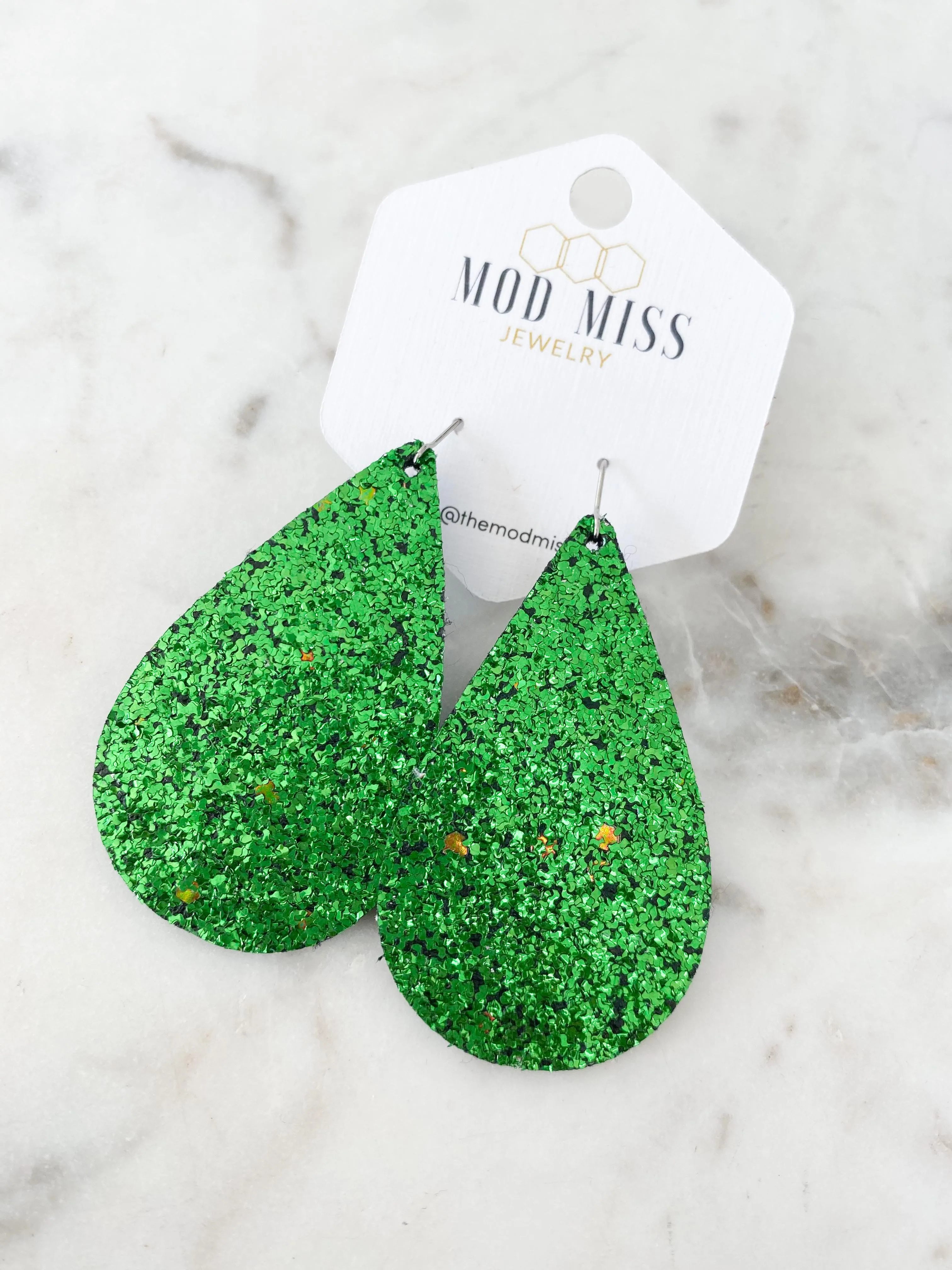 Leather Canvas Teardrop Earring Glitter Green