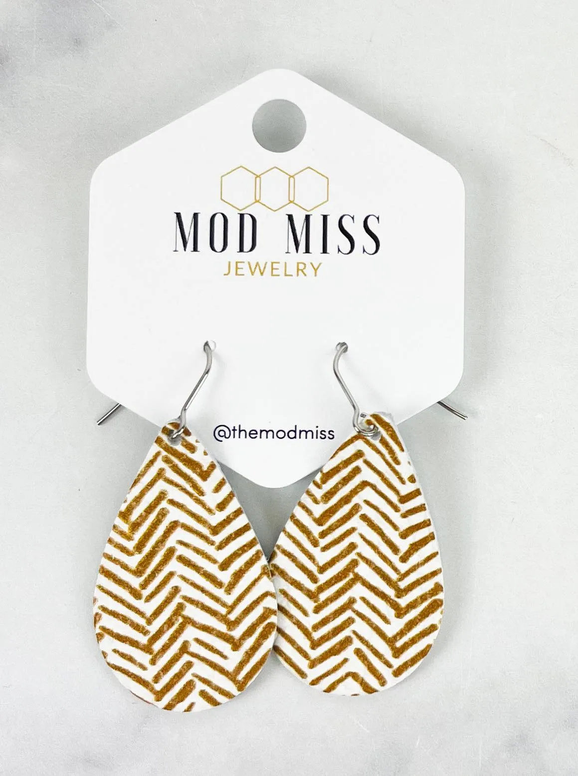 Leather Teardrop Earring Golden Honey Chevron