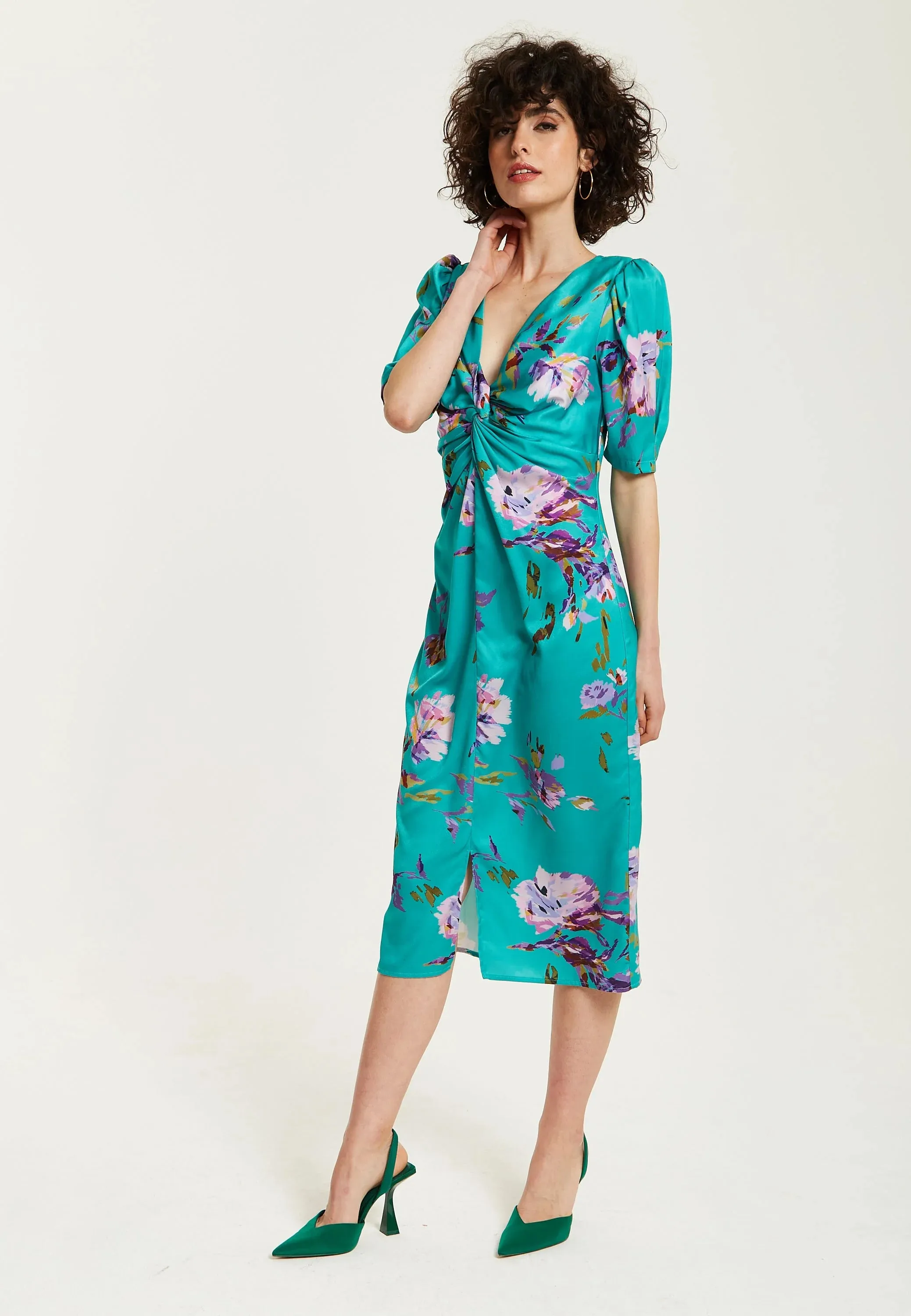 Liquorish Green Floral Knot Front Midi Dress