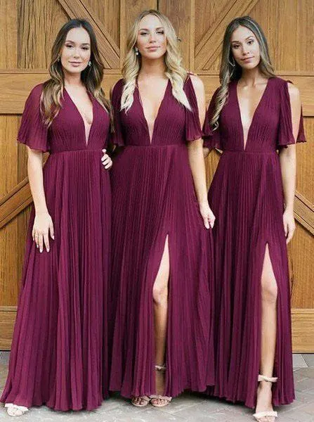 Long Deep V Neck Pleats Dark Red Chiffon Split Bridesmaid Dress Long Prom Dresses