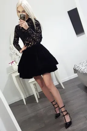 Long Sleeve Black High Neck Above Knee Homecoming Dresses Short Prom Dresses