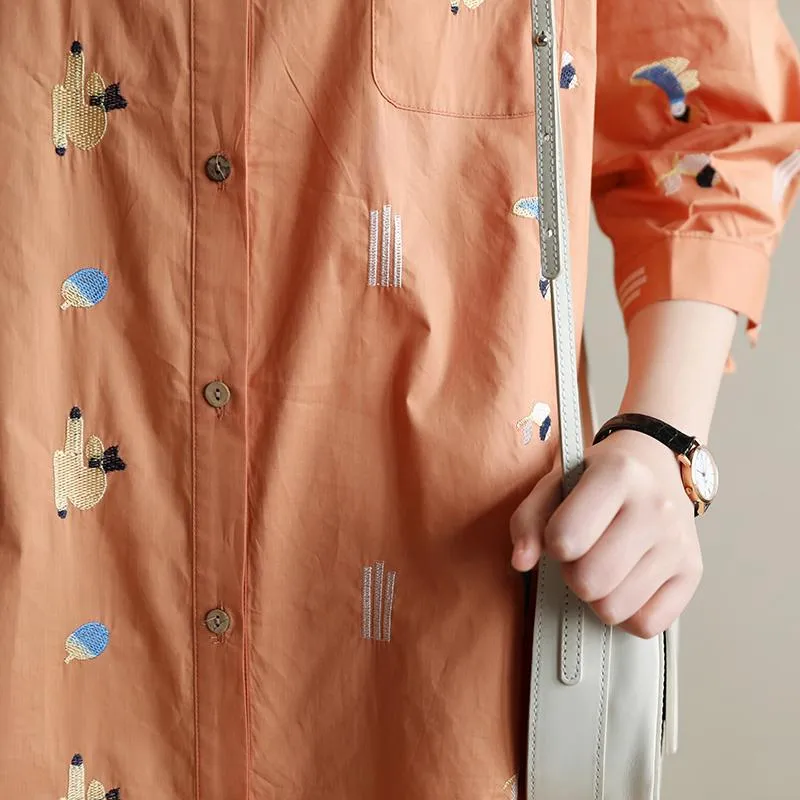 Loose Casual Embroidery Orange Mid-Length Shirt Dress