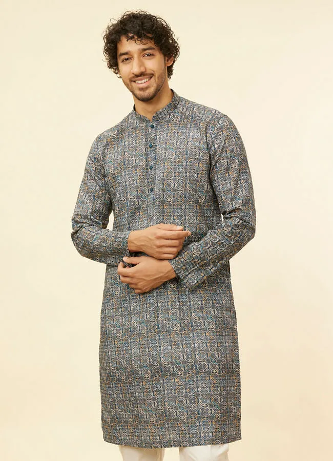 Manyawar Imperial Blue Medallion Printed Kurta