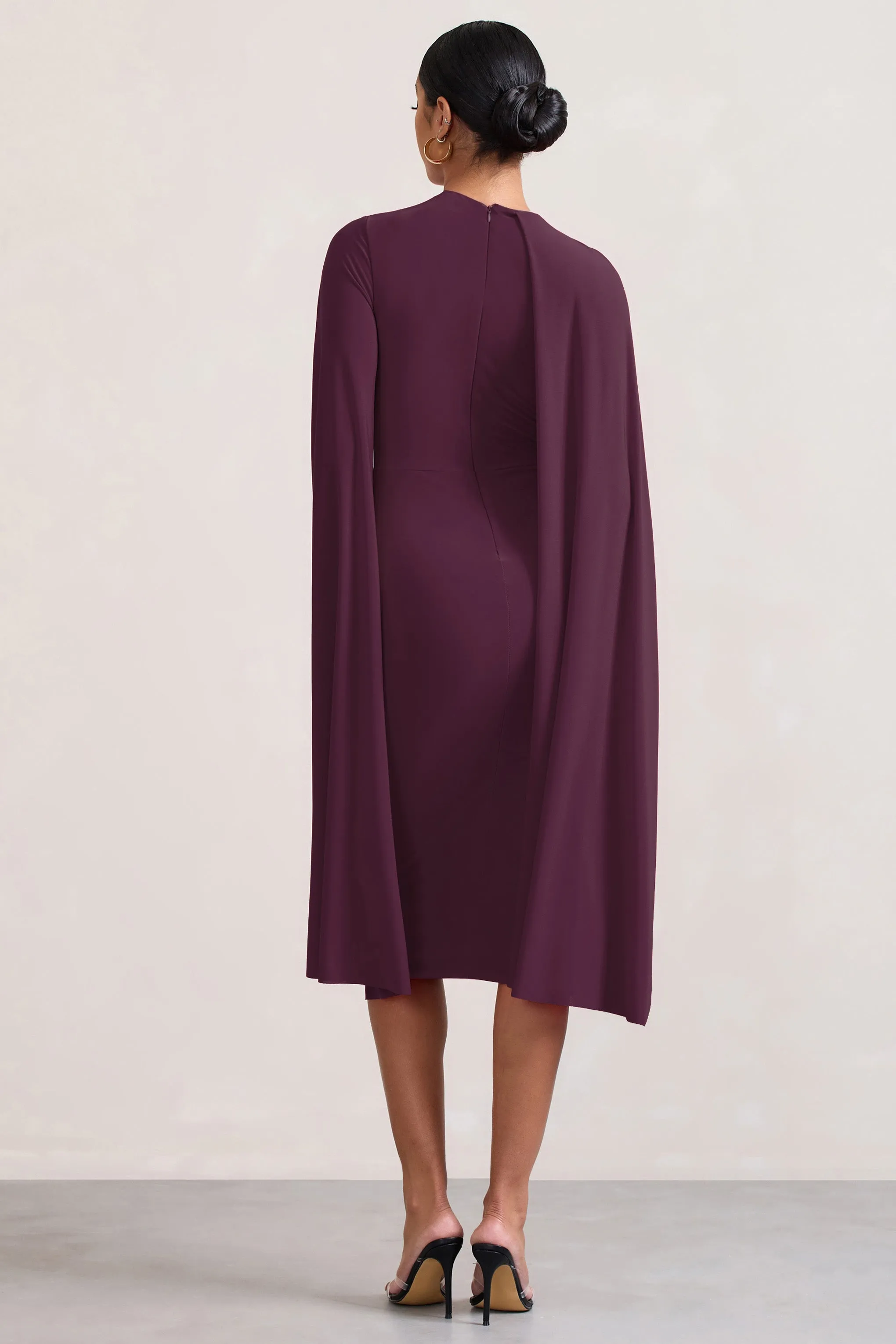 Marysol | Plum Asymmetric Cape Midi Dress