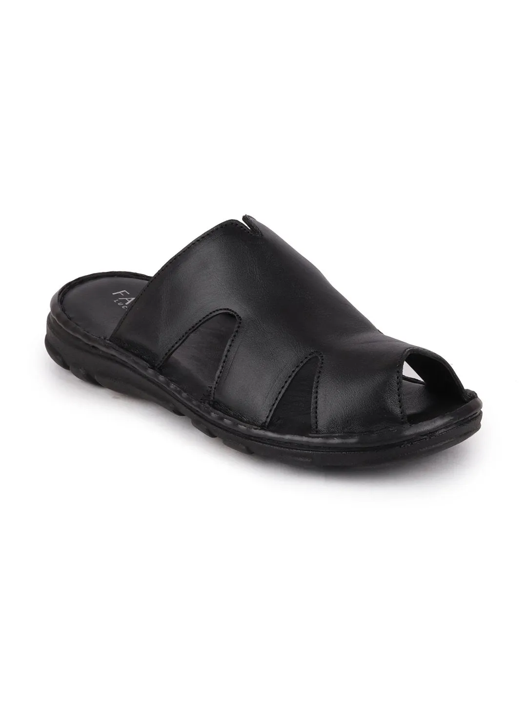 Men Black Casual Leather Slip-On Slippers